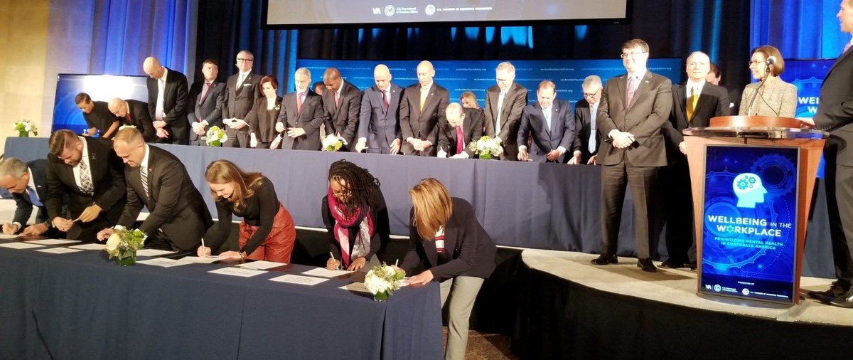 USCCFBiz4Good's tweet photo. Mental health and wellness are strategic imperatives for business. This morning, more than two dozen companies, @USCCFoundation, and @VeteransAffairs pledged to prioritize mental health and emotional wellbeing in the workplace. https://t.co/iqLpK3Zoc1 #Wellbeingatworkpledge https://t.co/dt3sfK5GKf