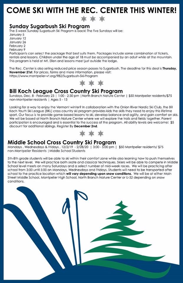 MontpelierREC's tweet photo. Now that there is snow on the ground its time to start taking registrations for our Ski Programs! New this year are two youth cross country ski programs! For details, please visit our website: https://t.co/SufsFTNh8V https://t.co/rJKiKbiFEf