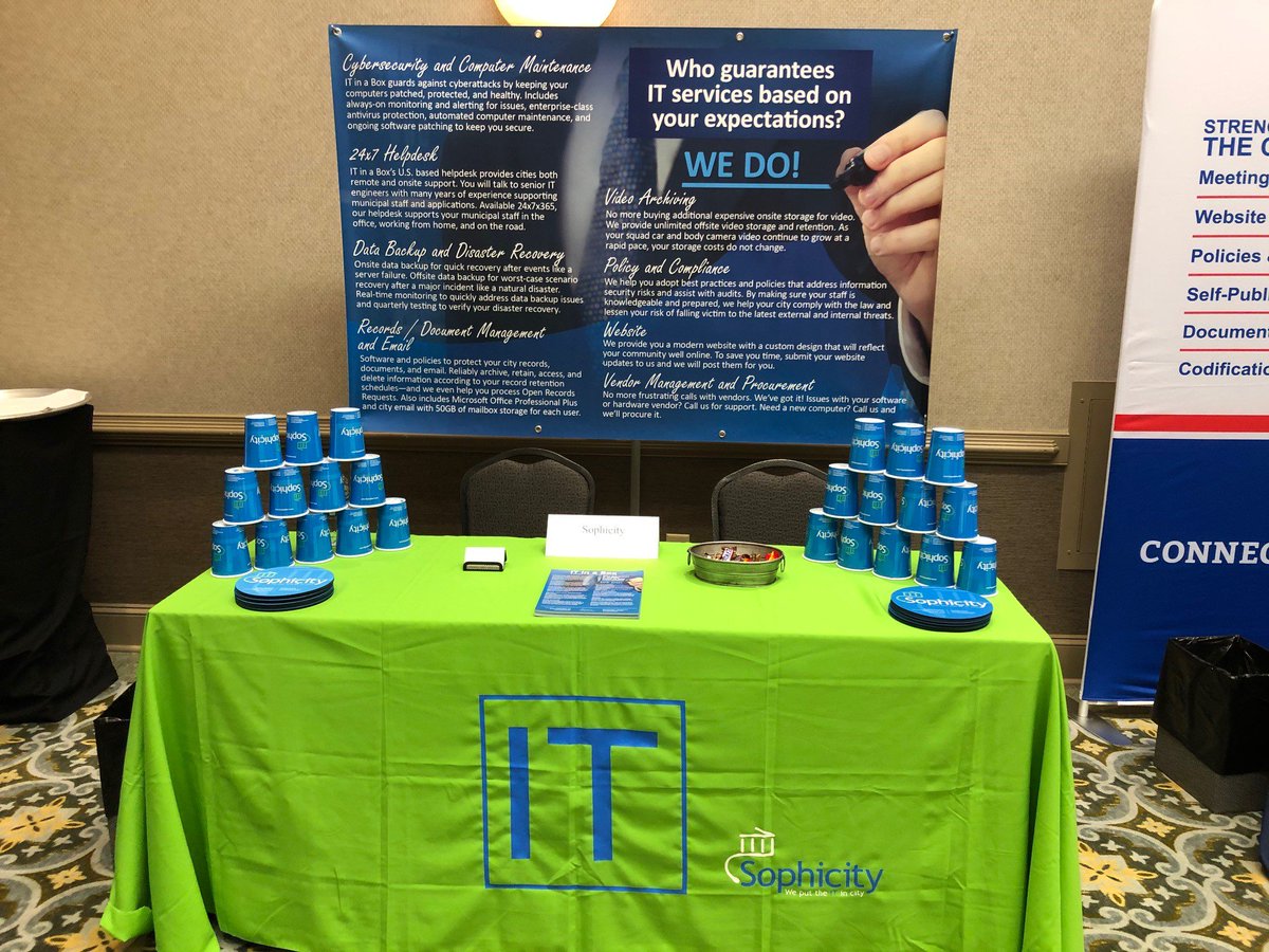 Sophicity's tweet photo. Nathan and Dave are set up at the GCCMA Conference this week and looking forward to talking with #Cities from across #Georgia about all things #IT & #Cybersecurity -- @gacities #ITinaBox https://t.co/aqeQ19uzYk
