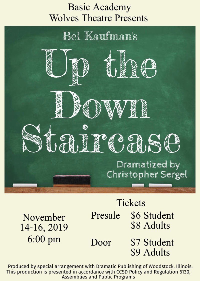 Basic Academy is proud to present their Fall Comedy- “UP THE DOWN STAIRCASE”!!!
Join us November 14, 15, and 16 at 6pm in the Basic Theatre!
Pre-Sale tickets are $6 for students and $8 for adults! Tickets at the door are $7 for students and $9 for adults.
#basicacademy #howlyeah