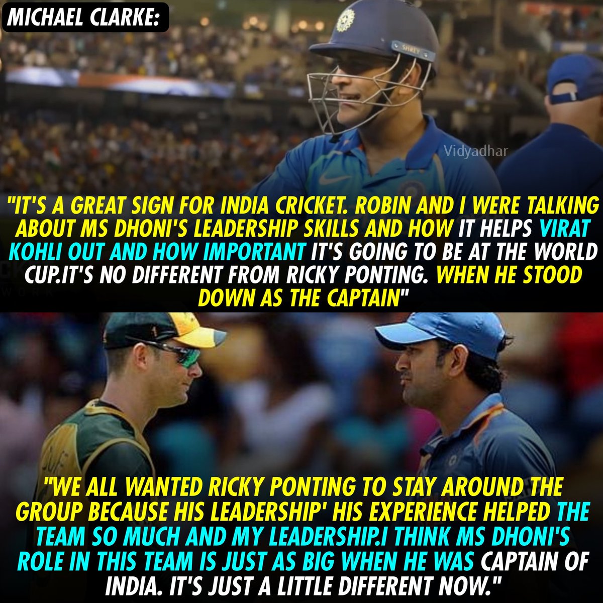 [Thread] AUS PLAYERS ABOUT MS DHONI IN LAST 11 MONTHS (SINCE JAN, 2019) !!Starting with WC winning Captain Micheal Clarke:When a reporter asked about MSD, He said, 'You don't doubt the Greatness' #MSDhoni  #OZonMSD