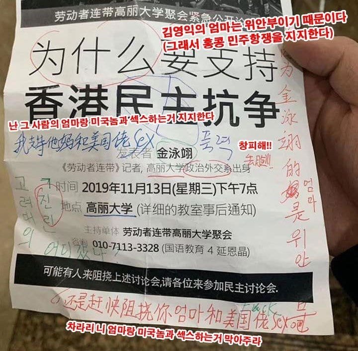As Korea University students put up posters supporting Hong Kong protesters, Chinese students vandalized the posters. One of the phrases says, "The mother of the person who supports the protesters is a comfort woman."Imagine being Chinese and making a comfort woman joke.