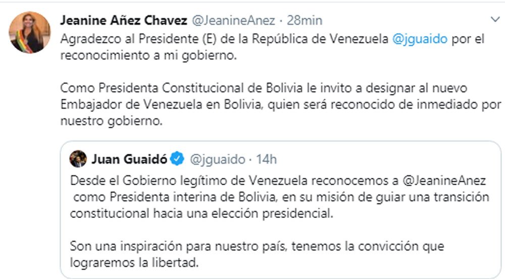 LaRazon_Bolivia's tweet photo. #LoÚltimo 
La presidenta @JeanineAnez agradeció a @jguaido por  reconocer a su Gobierno y le invitó a designar un nuevo Embajador de #Venezuela en #Bolivia https://t.co/p5dBBnbvs2