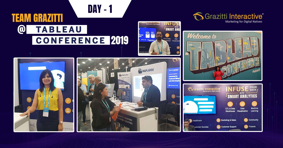 Grazitti's tweet photo. Day 1 of the #TableauConference2019 was incredible! Well, these live glimpses are witness to that fact! Don't forget to catch up with us at booth 317! #data19 #TC19 https://t.co/JjAboGcadh