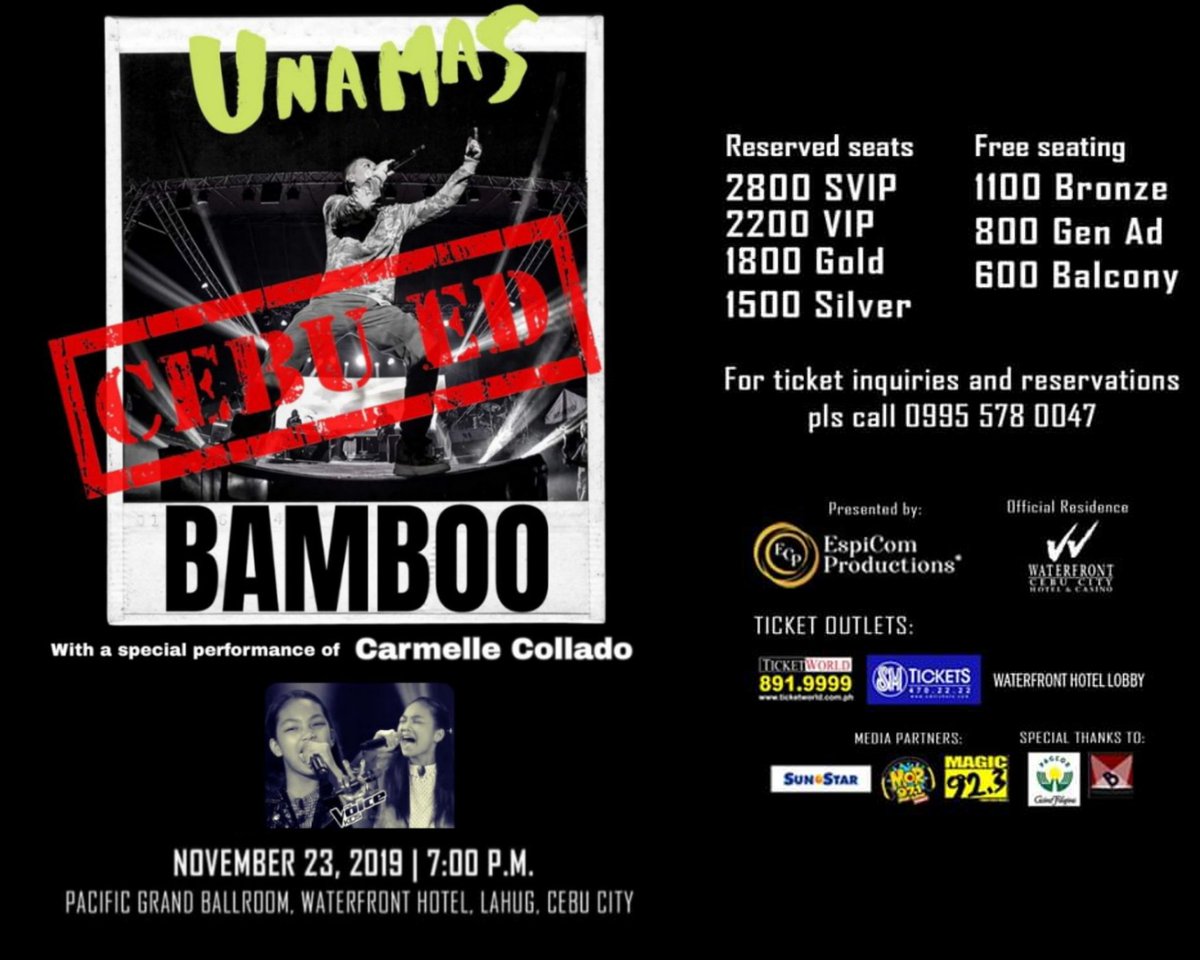 aleckskyRPh8's tweet photo. Confirmed! Bamboo Una Mas: Cebu Concert will also include a special performance from Carmelle Collado (The Voice Kids S4 1st runner-up / Kamp Kawayan ) 
Next Sat, Nov 23 at Pacific Ballroom, Waterfront Hotel, Lahug, Cebu!
 #BambooUnaMasTour #Cebu #CarmelleCollado #CoachBamboo https://t.co/VUZiHUaKhZ
