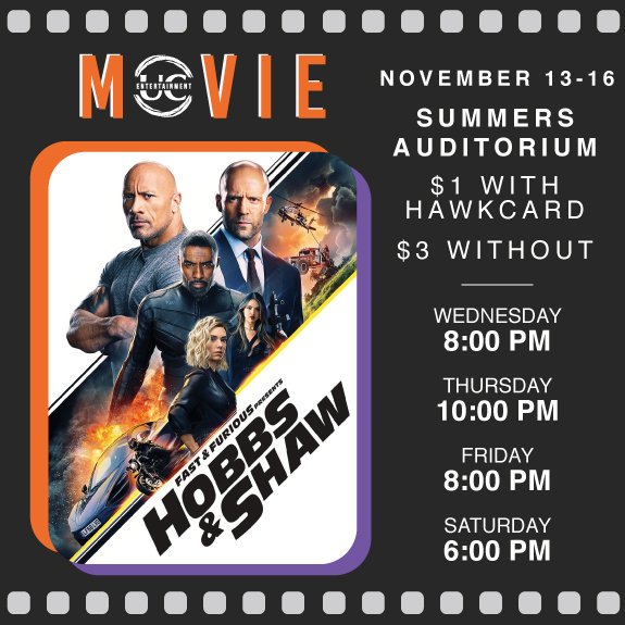 uc_entertain's tweet photo. TONIGHT we start showing @HobbsAndShaw in Summers Auditorium for just $1 with your HawkCard and $3 without! We also accept Purple Points! Don't forget to bring your favorite snack with you for this intense action packed movie! #movienight #intheUC https://t.co/44XELGu53e