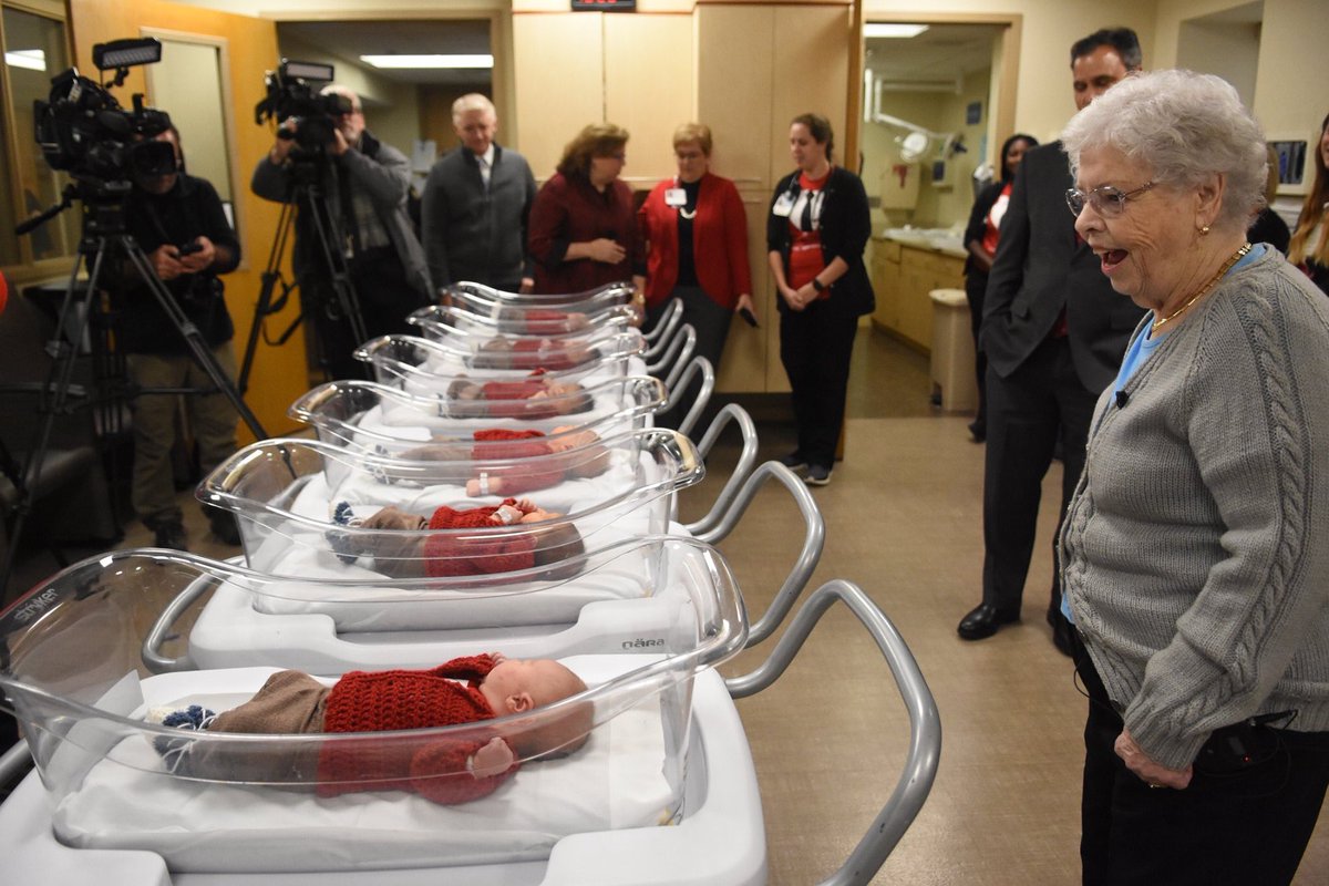 In case you need something good in your life today, here’s Mrs Rogers meeting newborn babies who are all dressed as Mister Rogers. #MisterRogers #ABeautifulDayMovie #CardiganDay (Photo from WQED Pittsburgh on Facebook.)