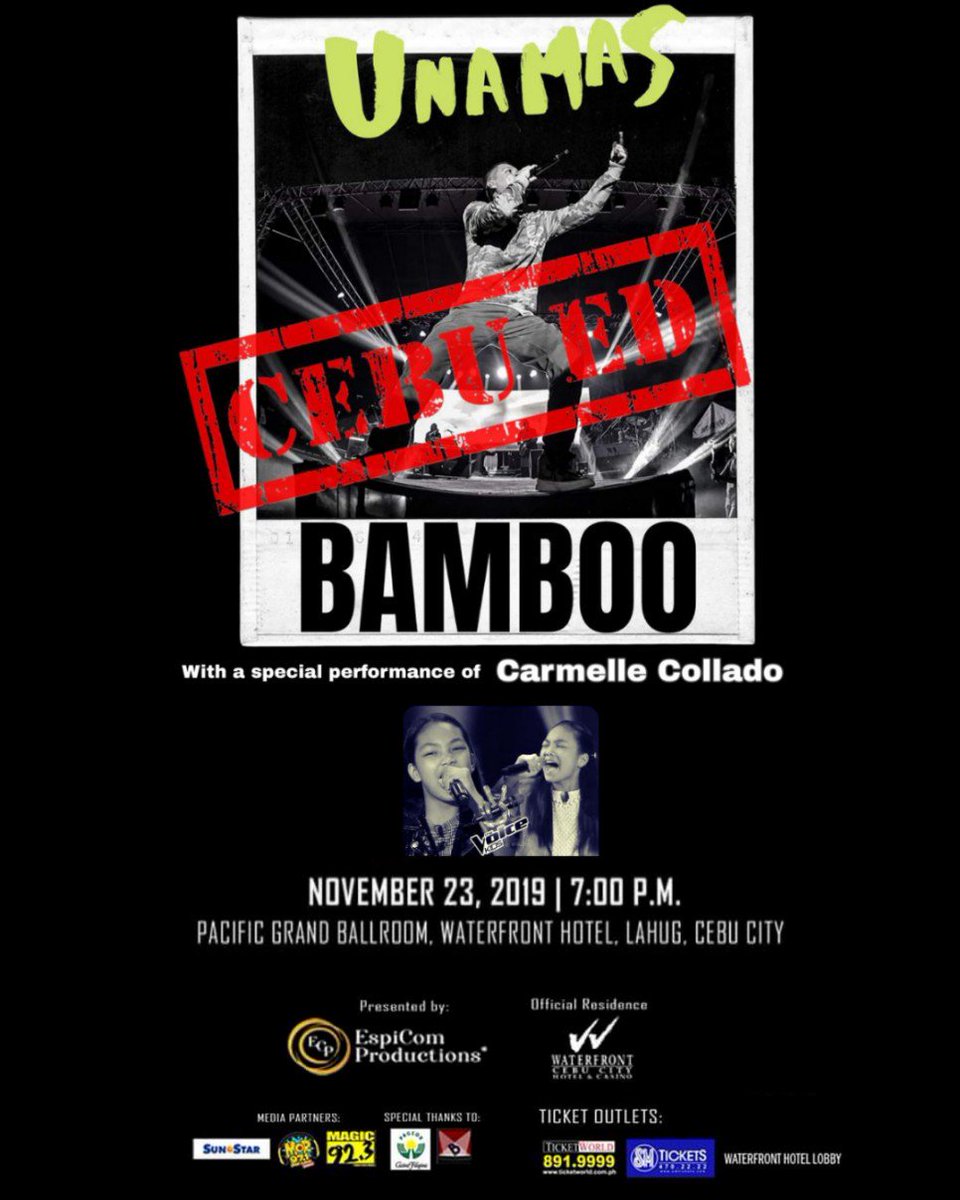 aleckskyRPh8's tweet photo. Confirmed! Bamboo Una Mas: Cebu Concert will also include a special performance from Carmelle Collado (The Voice Kids S4 1st runner-up / Kamp Kawayan ) 
Next Sat, Nov 23 at Pacific Ballroom, Waterfront Hotel, Lahug, Cebu!
 #BambooUnaMasTour #Cebu #CarmelleCollado #CoachBamboo https://t.co/VUZiHUaKhZ