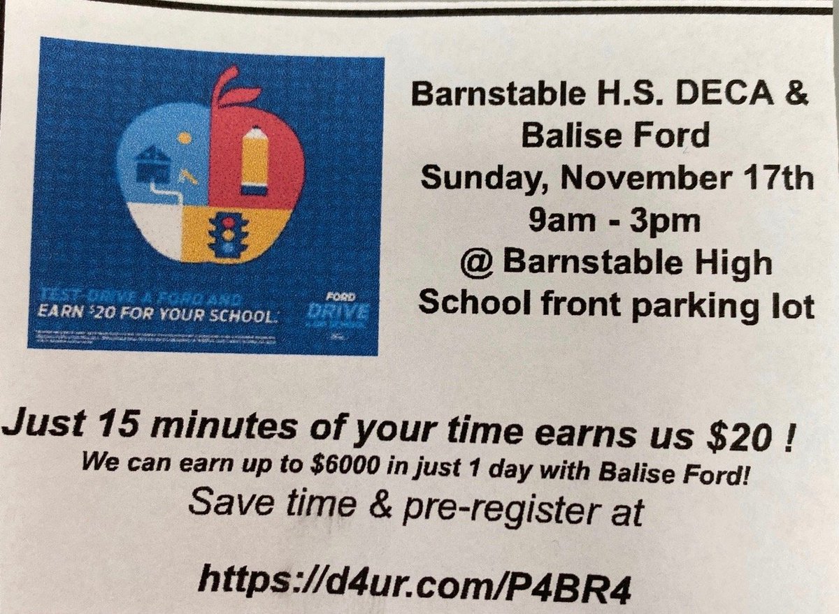 bps_schools's tweet photo. Please support our industrious Barnstable DECA students! These emerging leaders & entrepreneurs in business have partnered with Balise Ford to fund their club activities. If you’re over 18, can spend 15 minutes on Sunday, and want to help, info is below…..https://t.co/8dFcdKlzBN https://t.co/M9mM0cYkgg