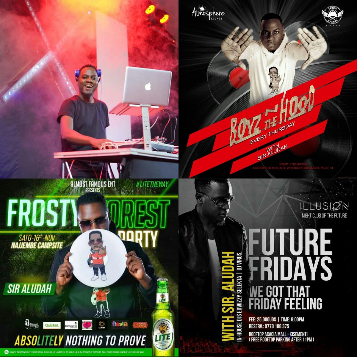 Here is our Lineup for weekend

#BoyzintheHood @atmospherekololo 
#FutureFridays @IllusionKampala
Then we will take da party to da forest 
#FrostyForestParty  @Najjembecampsite 
@DjAludah @iamdeejayjo on dis one