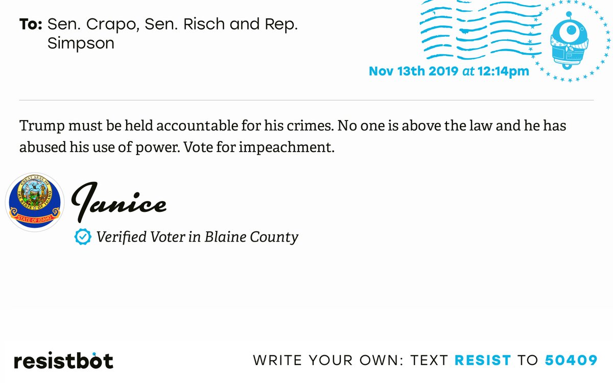 openletterbot's tweet photo. I just delivered this letter from Janice in Hailey, Idaho to @MikeCrapo, @SenatorRisch and @CongMikeSimpson #IDpols #IDpolitics #Impeach https://t.co/DuWYCq4MxH