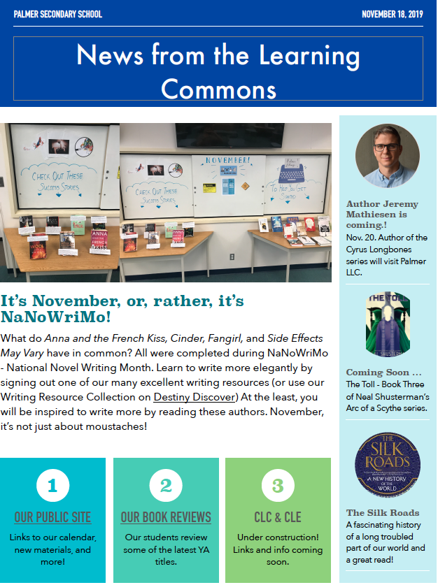Palmerlibrary38's tweet photo. Our November Newser is out! Learn more about #NaNoWriMo, @JeremyMathiesen and much more that is happening in @Palmerlibrary38 this month!
#rtl38 #libtech38 #sd38learns #sd38 https://t.co/JjqxDc97xO