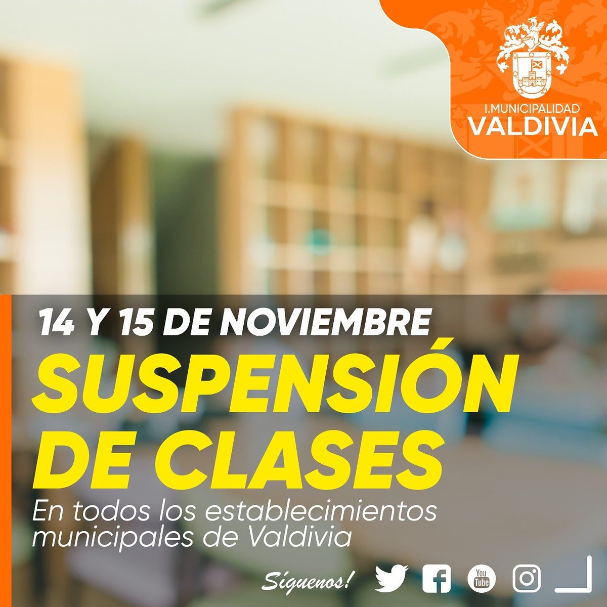 INFO. Se suspenden las clases en establecimientos municipales tanto básicos como medios, incluidos los Jardines VTF para los días 14 y 15 de Noviembre. 
La medida aplica para establecimientos rurales y urbanos. La alimentación se mantendrá para quienes lo requieran. #Valdiviacl