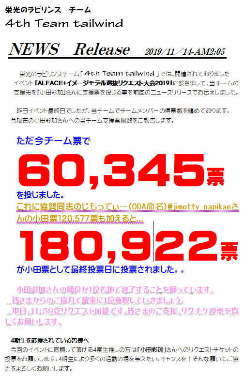 Team4th's tweet photo. 栄光のラビリンス 広告イベントが昨日で終了しました。本日の11:59まで投票が可能です。順位がついていれば必ず報酬リクチケが貰えますので、お忘れがないかもう一度ご確認ください。4期生の #小田彩加 へのリクチケ投票宜しくお願いします。当チームで6万票、支援表併せて18万票を小田票入ってます。 https://t.co/uMc0Vvhkiu
