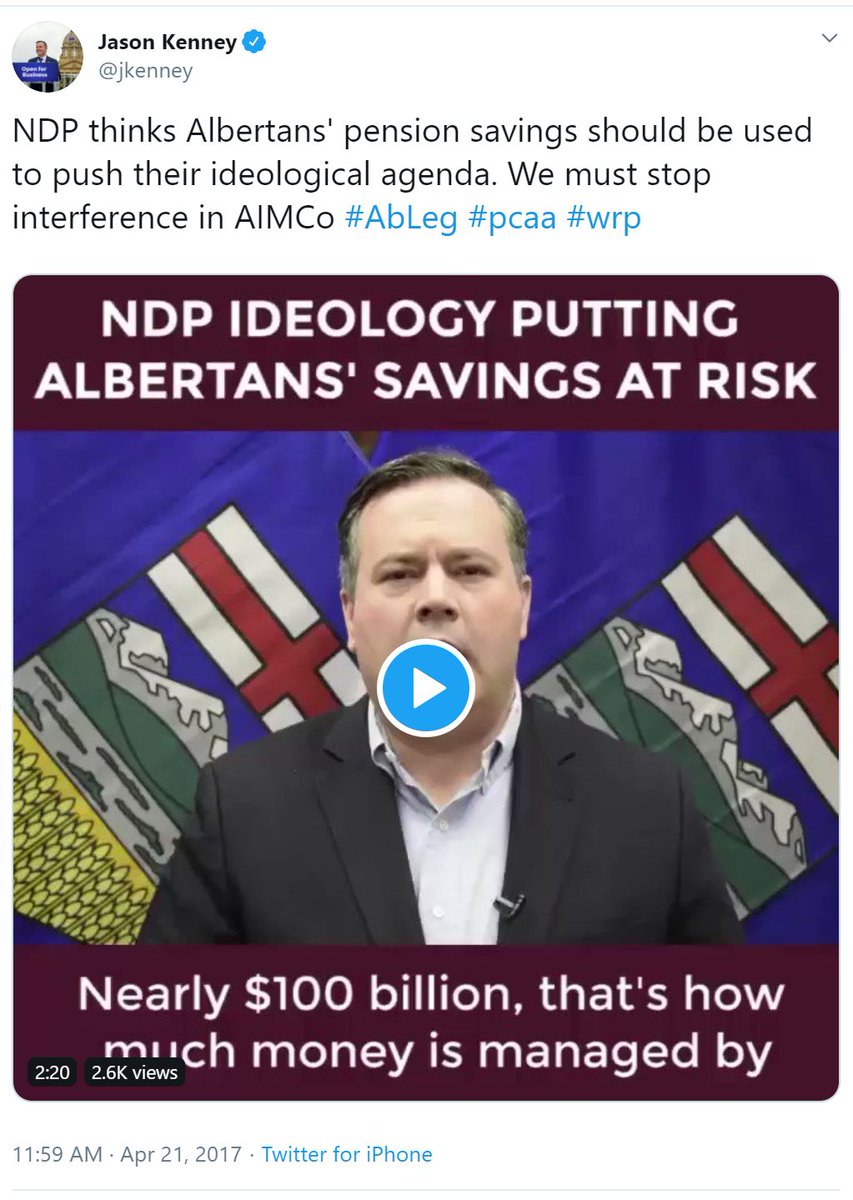 I can't imagine why anyone would suspect that there could be any risk of political interference in AIMCO to advance political objectives. Who on earth would suggest such a thing? It's unfathomable.  #ableg  https://twitter.com/MattWolfAB/status/1194664232601583616