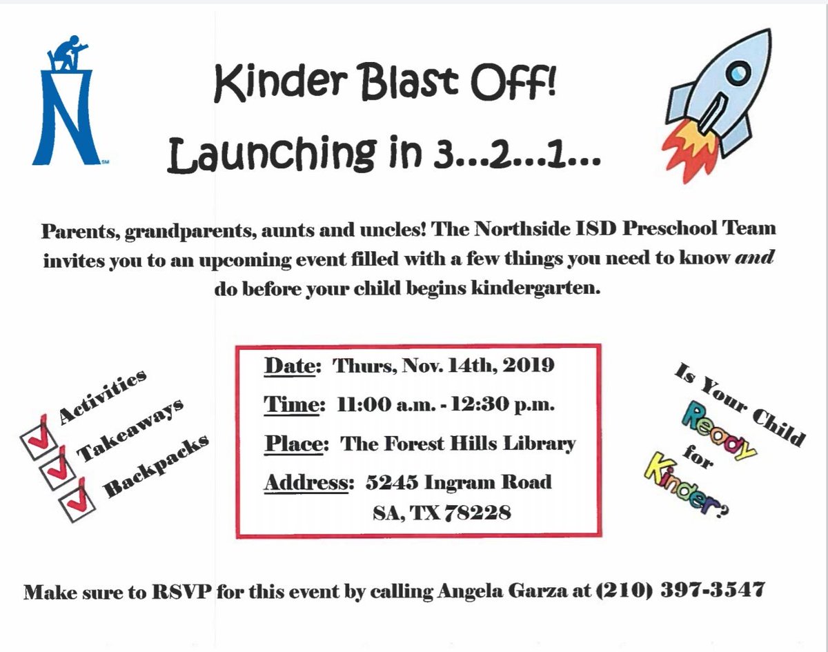 AngelaRoseGarza's tweet photo. Did you or someone you know not qualify for Pre-K? Are you still looking for ways to help your child become prepared for Kinder? Tomorrow at 11 am, I'll be showing ways you can help your child develop some fundamental skills! FOREST HILLS LIBRARY! WOOP! #kinderready @NISD_Family https://t.co/UtUh5en5VQ