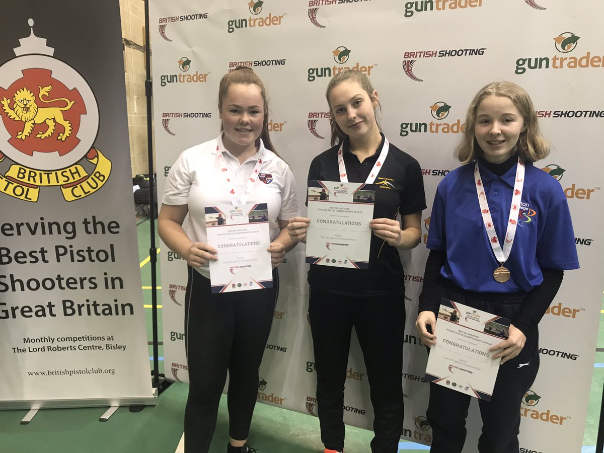 GBShooting's tweet photo. SENIOR: #BSSPC EoE Champs.
Fantastic end to a great competition @StFelixSch with the medals and National Final Quota Places going to:
🥇Scarlett Garner
🥈Abigail Batchelor
🥉Eloise White
What talented athletes we’ve seen today.
#future @guntrader_uk @ThePonyClub @UKScouting https://t.co/Wz5ZigUSzH