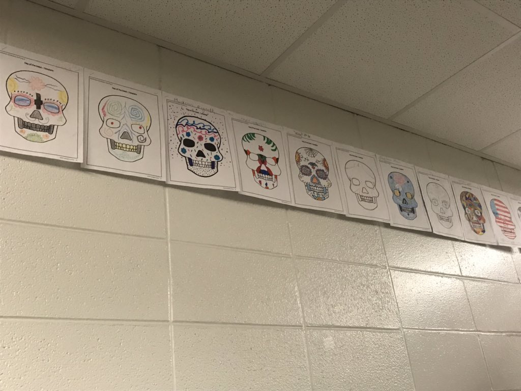 ReadingWithBird's tweet photo. I’m super behind schedule in posting but here are the Calaveras we decorated in honor of Lupe and Day of the Dead with our #grafrontdesk by @kellyyanghk!!  #DayoftheDead #diadelosmuertos https://t.co/0OKziqsdem