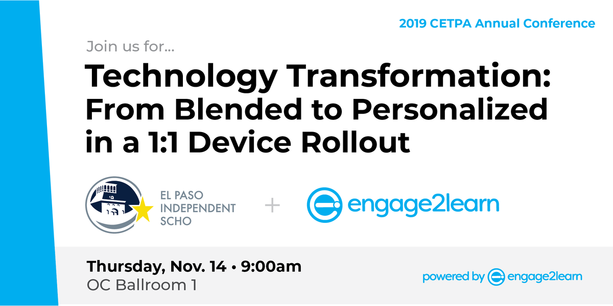 engage_learning's tweet photo. Come hear @jecabrera12 & @ShannonKBuerk share about the amazing innovations happening in @ELPASO_ISD as the district uses 1:1#edtech and the #ActiveLearningFramework to scale #personalizedlearning to every classroom!
#cetpa2019 @CETPA https://t.co/WpKIBHcQIK