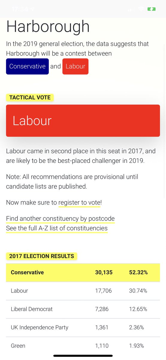 LilianeOMG's tweet photo. I got my polling card today and that get voting tactical voting guide is clap trap. The Lib Dems got 10,000 less votes in Harborough last election but that website tells you to vote for them. https://t.co/V7rzKwo05R
