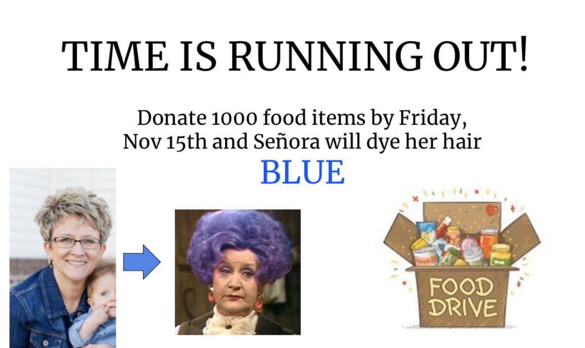 TiptonStuCo's tweet photo. don’t forget! you have until Friday to donate as many food items as you can. Señora will dye her hair 🔷BLUE🔷 if we reach 1000 items! https://t.co/C9251tFJq6