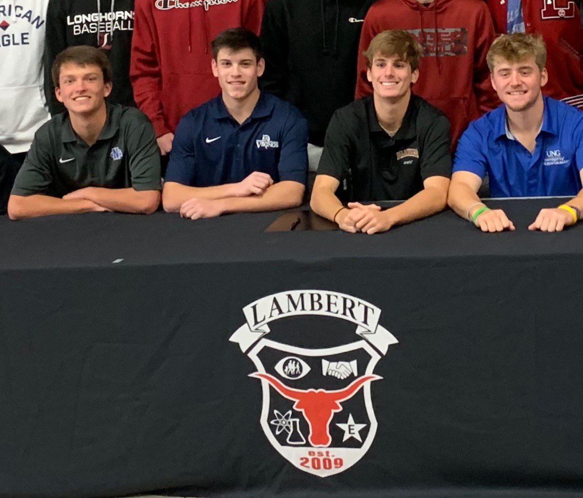 LambertBaseball's tweet image. Big Day for our 4 signing seniors. Congrats to Reid Howard(North Ga), Garrett Hollenbeck(North Ga) Daniel Fischer(Flagler), and Blake Hyman (Berry)....Love you guys