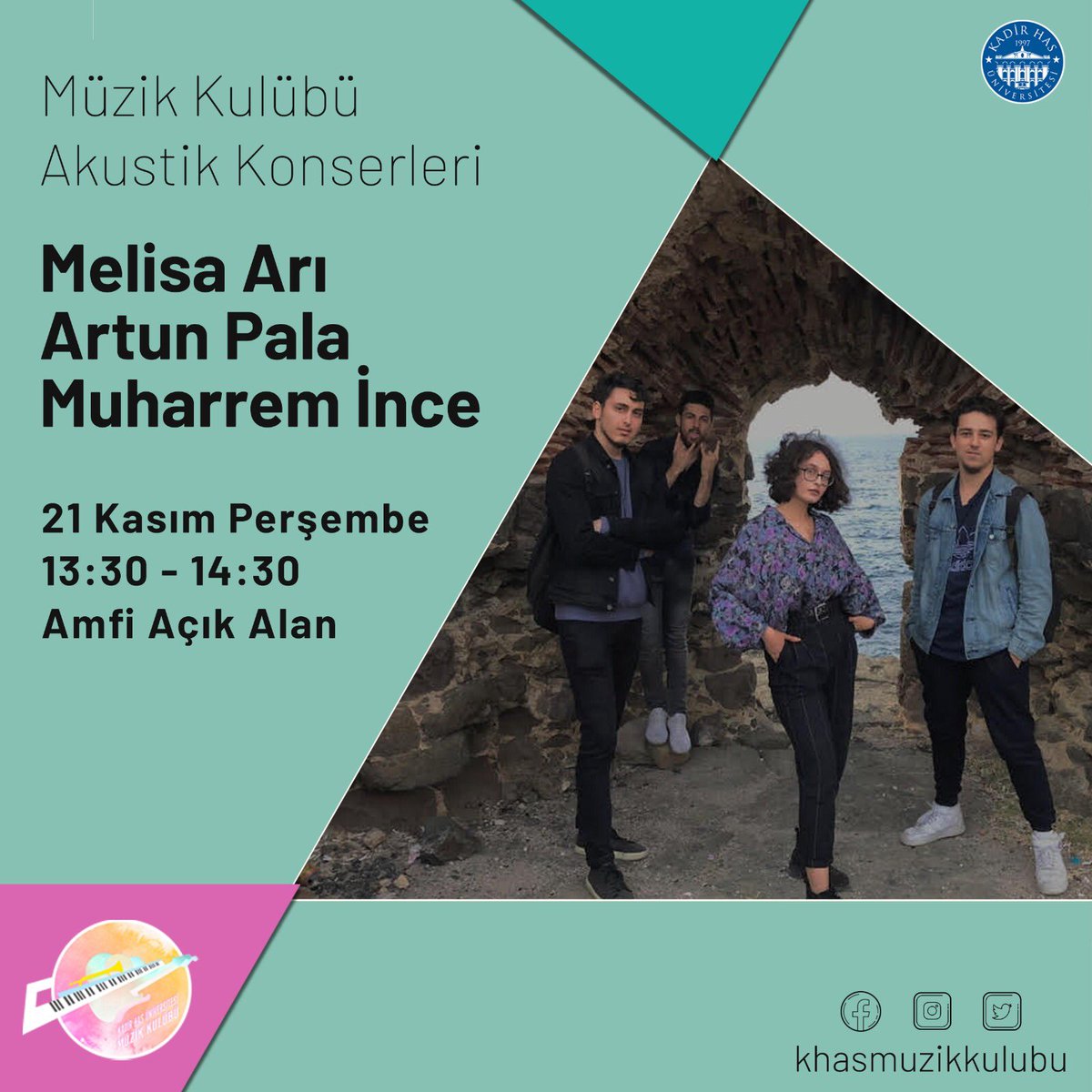 Müzik Kulübü Akustik Konserleri başlıyor!🥁 28 Kasım Perşembe günü 13.30’da Melisa &amp; Artun &amp; Muharrem bizlerle olacak. Hepinizi bekliyoruz!🕺🏼 <a href="/khasedutr/">Kadir Has Üniversitesi</a>