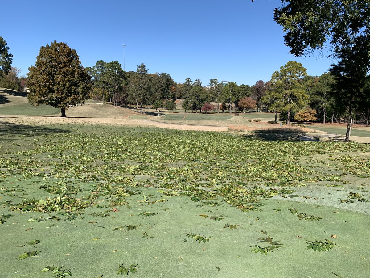 Turf_Joe32's tweet image. A bit windy yesterday, currently still have some greens that are frozen-staff working on cleanup and installation of new fence along 15 upper path to alert golfers it’s not a safe grade to traverse #winterproject
