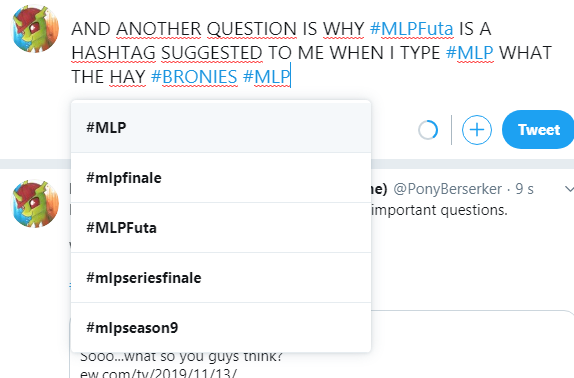 PonyBerserker's tweet photo. AND ANOTHER QUESTION IS WHY #MLPFuta IS A THIRD HASHTAG SUGGESTED TO ME WHEN I TYPE #MLP WHAT THE HAY #BRONIES https://t.co/fvMIAFRmJJ