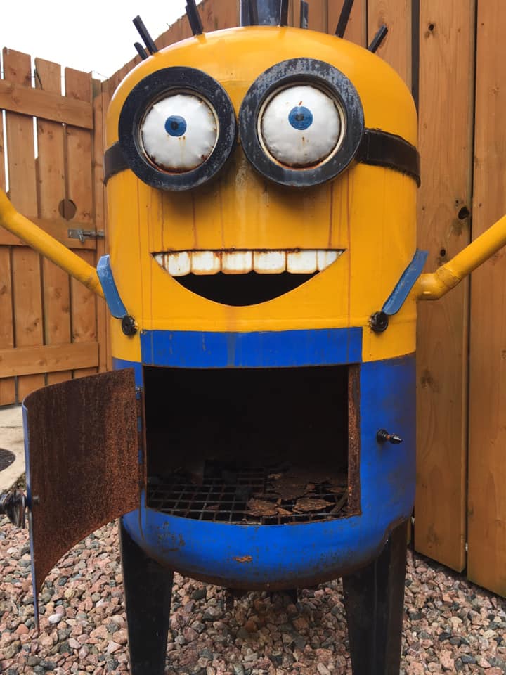 “look at this highly cursed crying minion patio heater that i found on face...