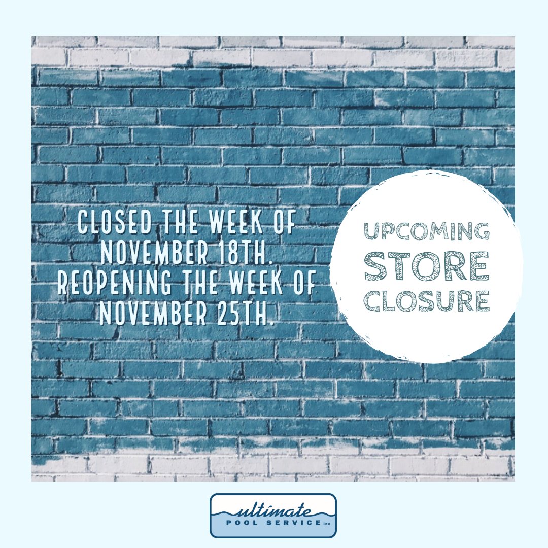 UltimatePools's tweet photo. Please be advised that our retail store will be closed the week of November 18th, reopening the week of November 25th. π
Our service department will be open by appointment only.
#Upcoming #StoreClosed #BeBackSoon #UltimatePools #UltimatePoolService https://t.co/fK1UuBwqpc