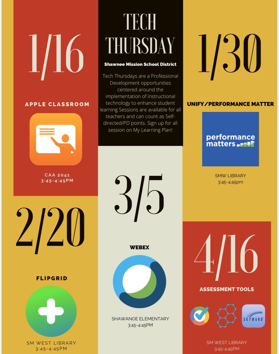 KelleyRCapper's tweet photo. Guess what?!?! Our 2nd Semester #TechThursdaySMSD schedule is up and available for sign up on My Learning Plan! Canโt wait to see @theSMSD teachers at these awesome sessions! @ErinSmith1981 @jg_risinger @Tenbrink512 @smsdTeachwTech @iCoachKate @emilylaurenream @Teach_Connected https://t.co/XnfAkgb0TR
