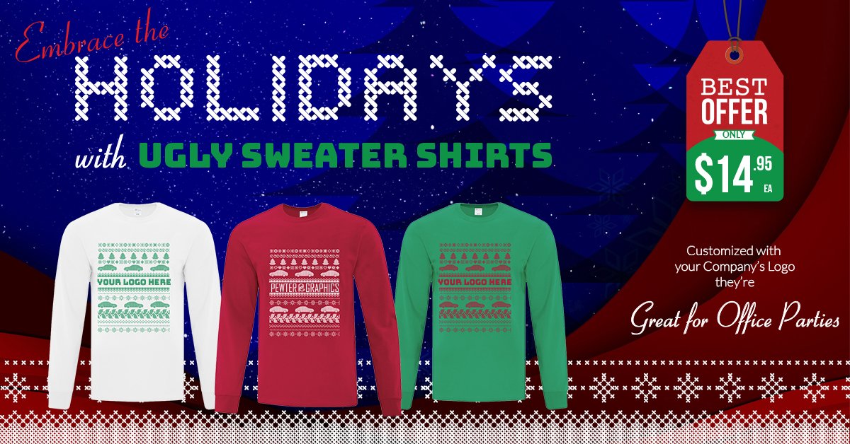 PewterGraphics's tweet photo. #CountdowntoChristmas in style this year with our Ugly Sweater shirts 🎄 Ring in the holidays with a custom sweater so bad its GOOD 

 #ChristmasAroundTheCorner #ChristmasLoading #ChristmasFun #HolidaysAreComing https://t.co/pQwJPBpqrA
