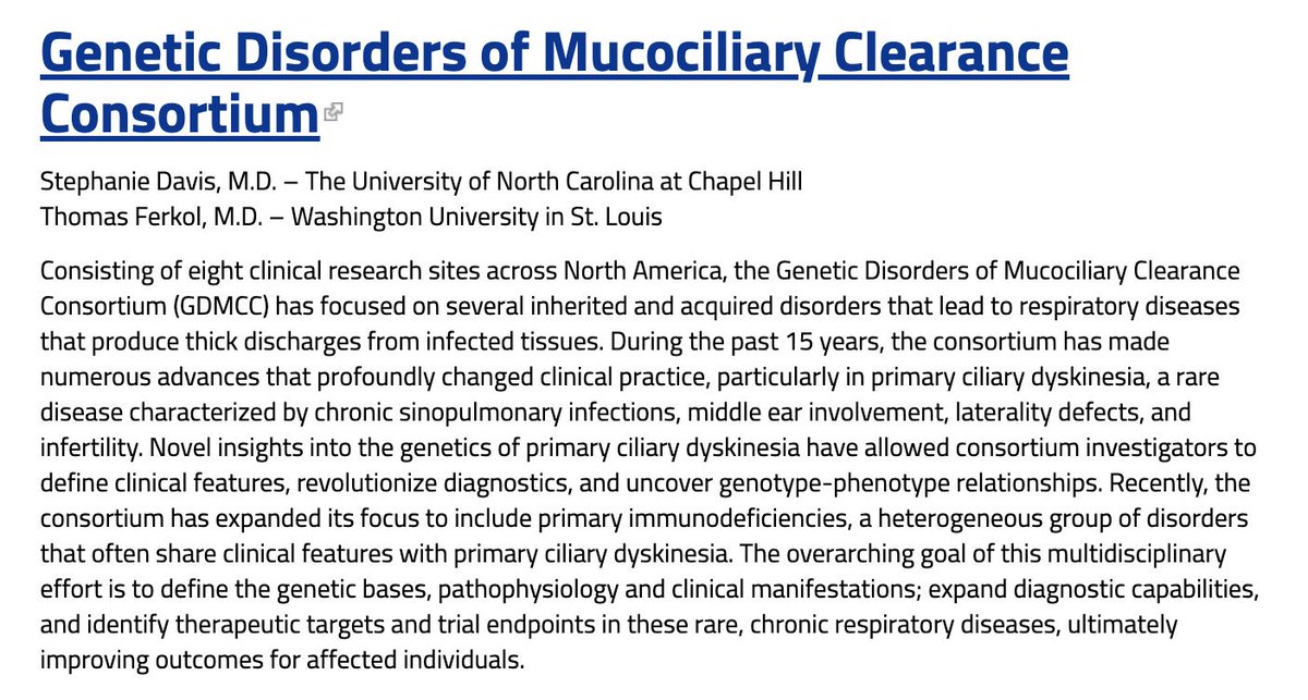 rarediseasesnet's tweet photo. #20DaysofRareDiseaseResearch
1/ Today, we are highlighting the Genetic Disorders of #Mucociliary #Clearance Consortium #GDMCC, one of the oldest #RDCRN teams. Follow this thread to learn about the disorders they study, their team and their research plans https://t.co/mbCuHIqqoT https://t.co/wT8FqY1mfP