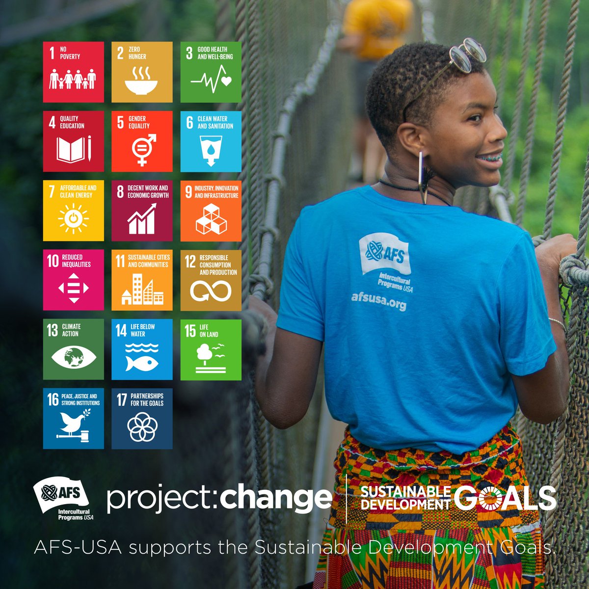 AFSUSA's tweet image. (1/3) Make next summer unforgettable. Become a changemaker!

#AFSProjectChange offers full and partial study abroad scholarships to U.S. high school students by encouraging them to create a project idea that works toward one (or a few) of the UN's #SustainableDevelopmentGoals