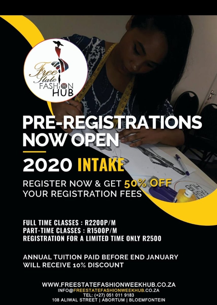 FSFASHIONWEEK's tweet photo. 🚨 PRE-REGISTRATION OPEN 🚨
Register now with @FSFASHIONHUB for the 2020 intake & receive a 50% discount on your registration fees.
For more info:
📧 Info@freestatefashionweekhub.co.za
☎️ 0510119183
#FSFWPopUp https://t.co/BP383sLo7D