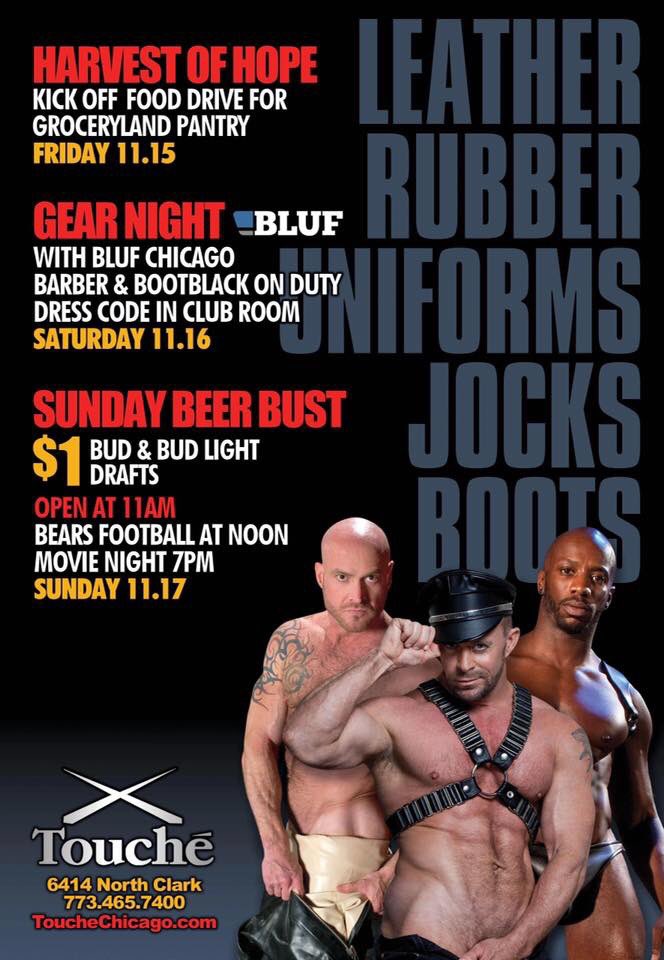 ToucheChicago's tweet photo. Saturday is Gear Night hosted by BLUFChicago! Dress code in the Club Room, barber and bootblack on duty!
https://t.co/7Y0lTtfX4Y @BLUFChicago https://t.co/wCJfGHq3OP