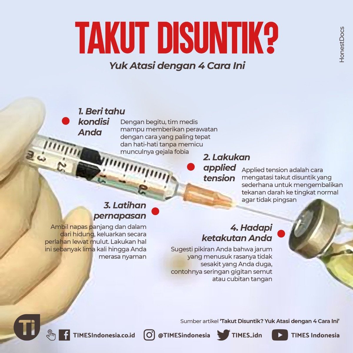 timescoid's tweet image. Bagi sebagian orang disuntik adalah hal yang biasa. Namun, ada orang yang justru takut saat akan disuntik. Bahkan, ada juga yang sudah ketakutan saat melihat jarum suntik. Anda termasuk yang takut disuntik? Cek selengkapnya di bit.ly/2NHBC6l #tipskesehatan #suntik