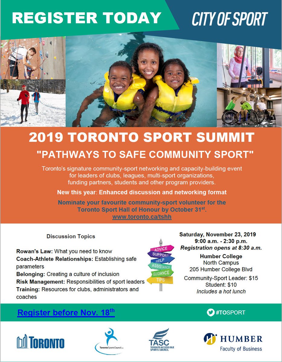 TOSportsCouncil's tweet photo. Toronto Sport Summit Sat, Nov 23 has a session on Risk Management responsibilities of Sport Leaders. Learn how to do your due diligence & protect your sport org. assets, see registration info. https://t.co/U9LIJNkHzl Deadline Nov 18. #TSCEventList #TOSport @TOa11ySports @CSC_ON https://t.co/LPe7CjYfkq