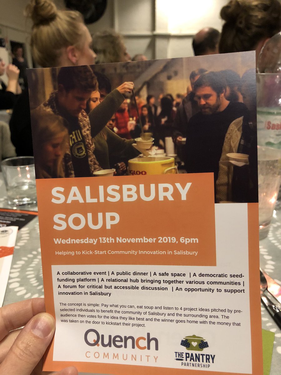 NicSummerill's tweet photo. Enjoying an evening out at #SalisburySoup hearing about local community projects whilst eating food provided by @Pantrypartner https://t.co/8zuV0SfC3o