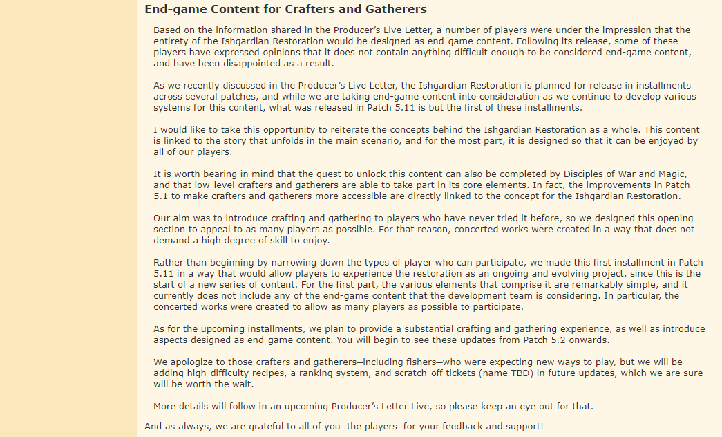 FF_XIV_EN's tweet image. We'd like to share a comment from #FFXIV Producer/Director Naoki Yoshida in response to player feedback on Ishgardian Restoration! sqex.to/7zg2u