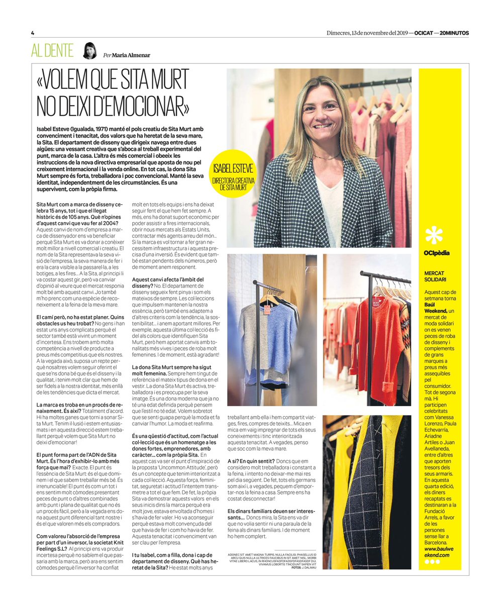 maria_almenar's tweet photo. Isabel Esteve: "Volem que Sita Murt no deixi d'emocionar". Avui entrevista @sita_murt al Suplement https://t.co/Pxf2OfiVey de @20Minutos. Repesca-la aquí: https://t.co/v6UGN9cICc #moda #SitaMurt #modacatalana https://t.co/jJRIN9Fffm