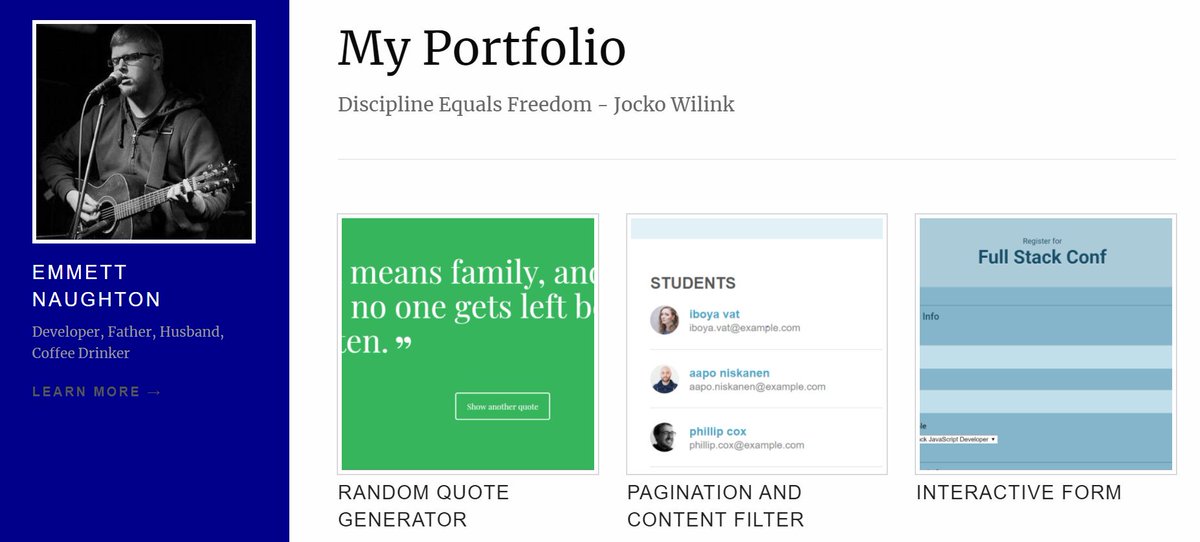 EmmettNaughton's tweet image. Project #7: Portfolio Page
Learned about Pug, Express, Node, Foundation CSS, Heroku.
A site with some of my projects.
Live Demo: EmmettNaughton.design
Github Repo: github.com/enaughton/Port…
#TechDegree #Treehouse #CoderDad