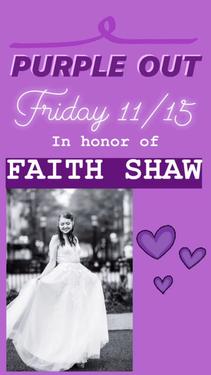 HRHSstuco's tweet photo. Friday will be a purple out at school in honor of our amazing 2019 Homecoming Queen Faith Shaw. Faith was a light throughout our halls and will be deeply missed.💜💜 https://t.co/HIbGEbqduv