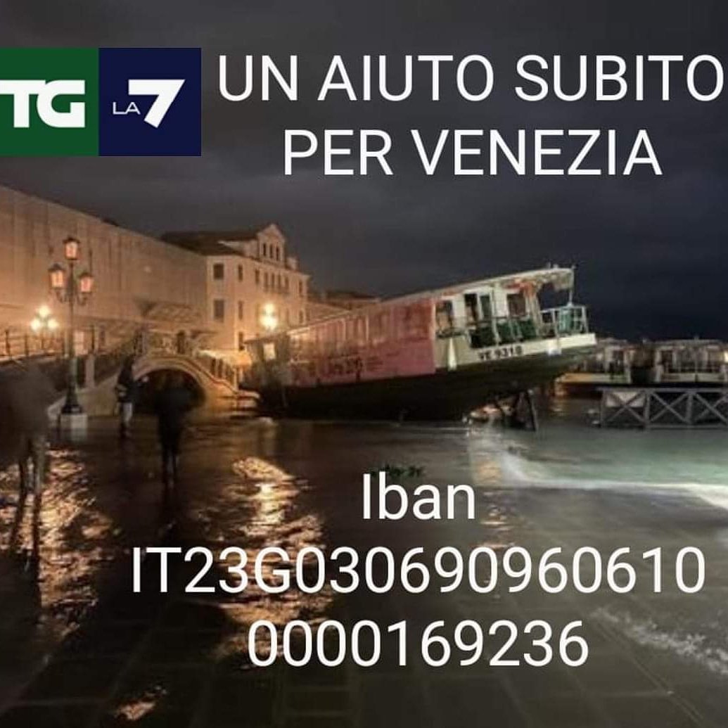 Non posso che rilanciare anch'io l'appello del Direttore Enrico Mentana e del <a href="/TgLa7/">Tg La7</a> . ❤️ "Un aiuto subito per Venezia." Iban: IT23G0306909606100000169236.Grazie a chi potrà e vorrà donare. 🙏
#unaiutosubito #venezia #unaiutosubitopervenezia #tgla7 #enricomentana