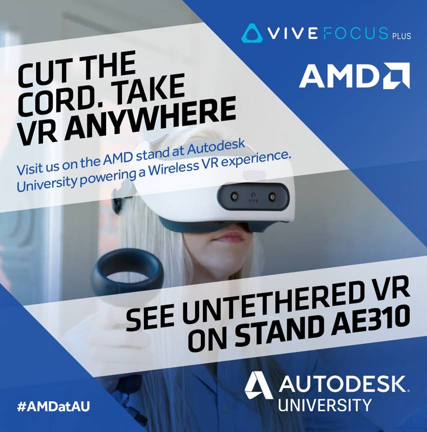 htcvive's tweet image. Visit @AMD at #AU2019 to see our #HTCVIVEFocusPlus headset powering AMDs unique Wireless VR functionality, with AMD Radeon Pro graphics. 11/19-11/21 in Las Vegas. Find out more at autodeskuniversity.com