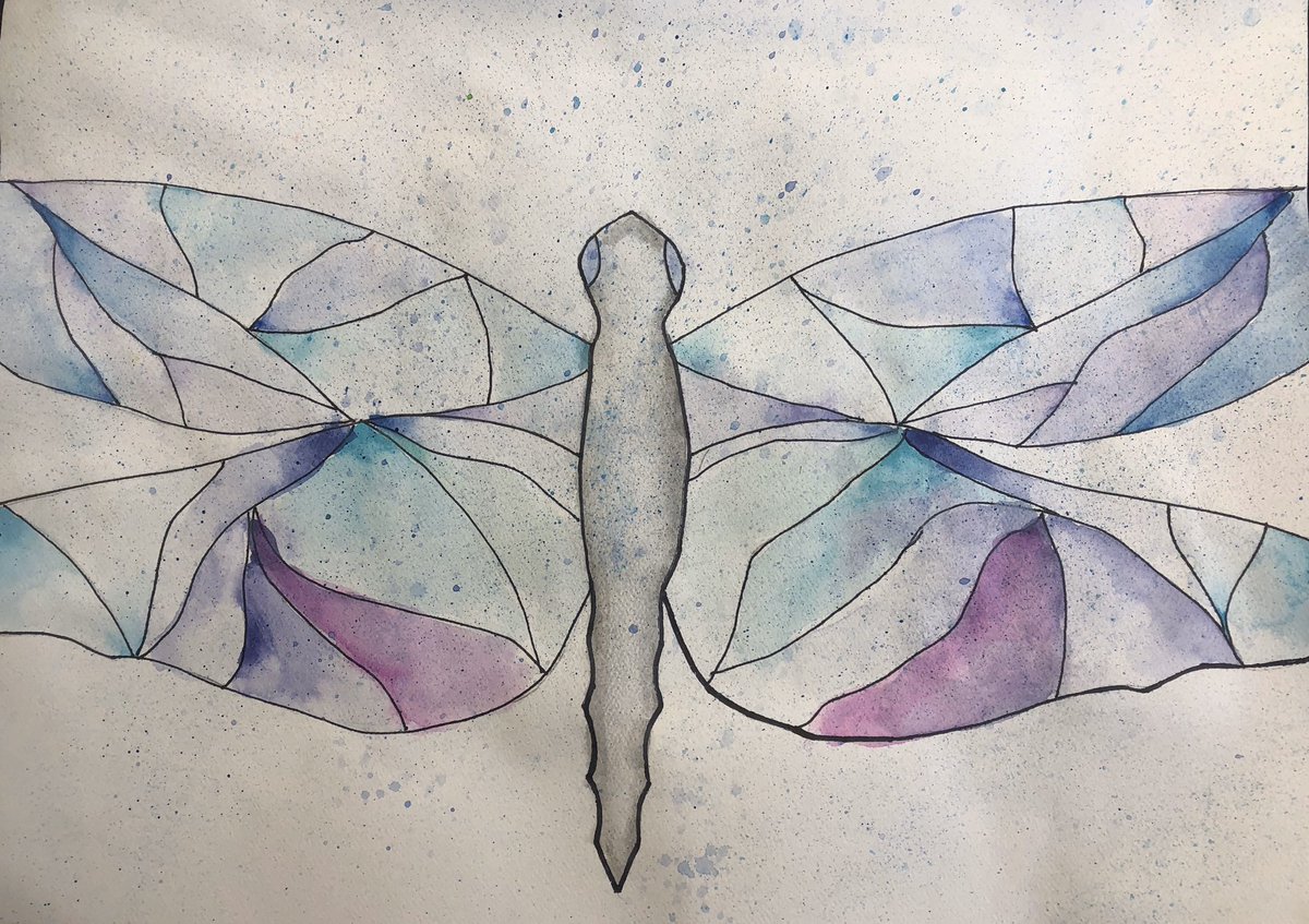 6th graders have completed beautiful watercolor paintings of insects with different “values” of a color. #clsstripes #ellingcen