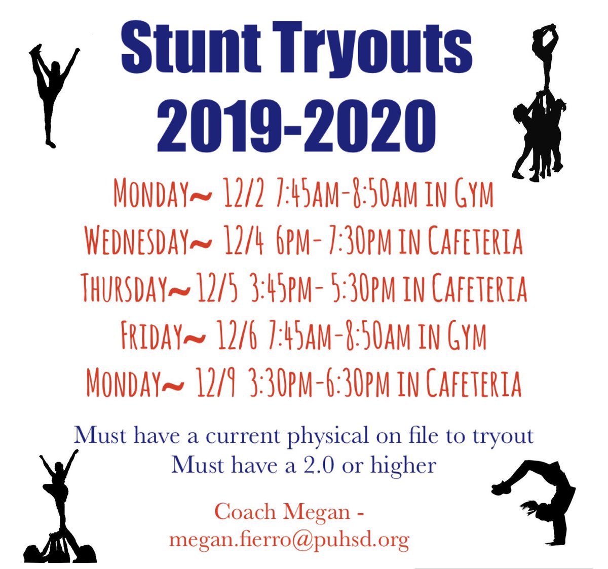 Cheer Stunt Tryouts will be held in December! 
Athletic forms are available in the athletic office or athttps://hhs.puhsd.org/pages/athletic-forms