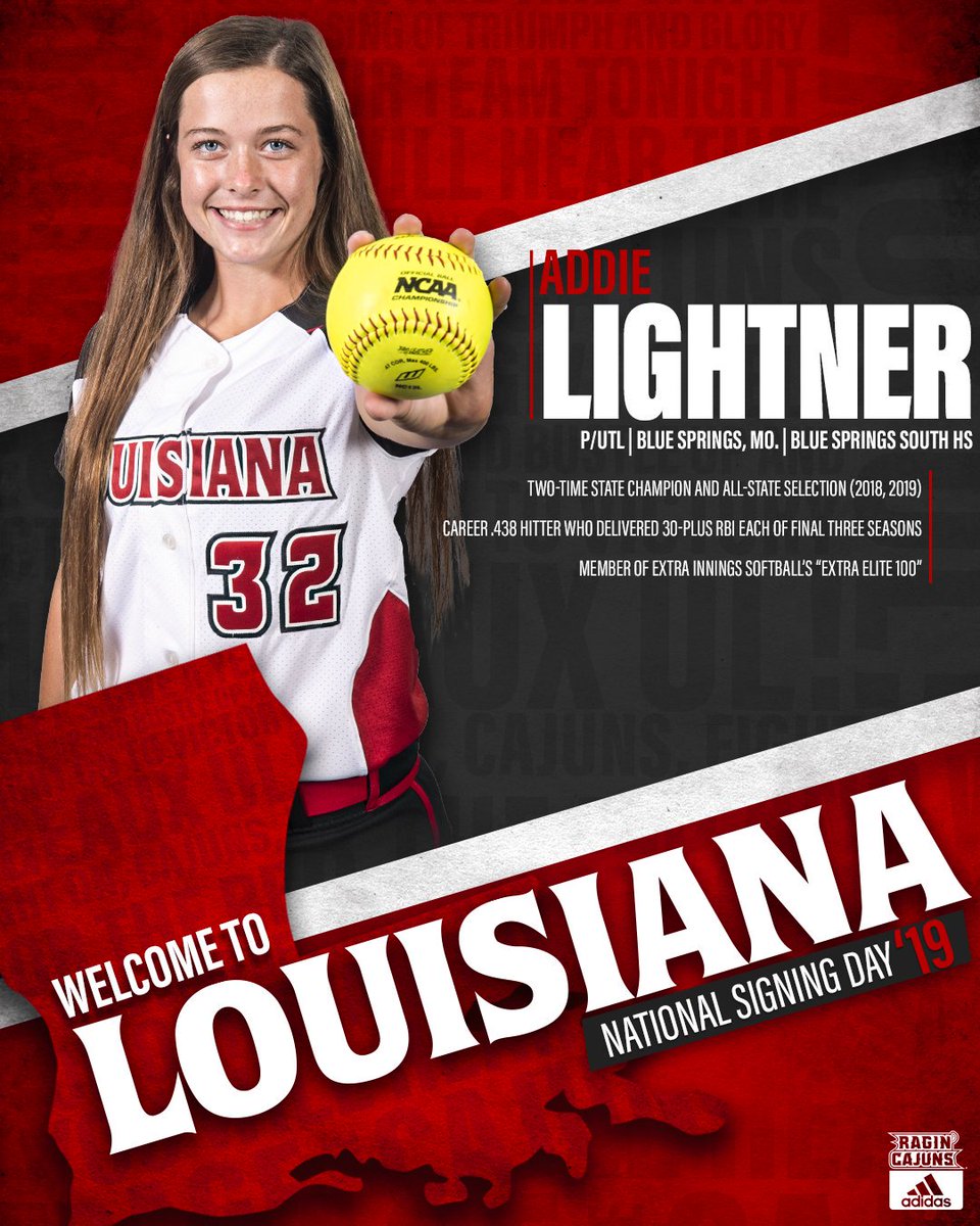 ✍️📄 Signed with 𝗟𝗢𝗨𝗜𝗦𝗜𝗔𝗡𝗔

All set to arrive in Fall 2020 and wear the Vermilion and White ... from Blue Springs South HS in Missouri: 𝘼𝙙𝙙𝙞𝙚 𝙇𝙞𝙜𝙝𝙩𝙣𝙚𝙧. 🤟🥎

#GeauxCajuns ⚜️