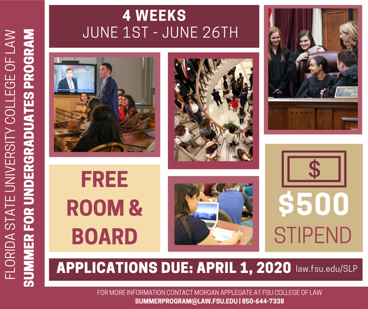 FSUCrimSLC's tweet photo. FSU's College of Law’s 2020 Donald J. Weidner Summer for Undergraduates Program is currently accepting applications for their summer law program. For more information, check out our detailed Facebook post!
https://t.co/E0ym4O91Tm https://t.co/rePHC84qZa